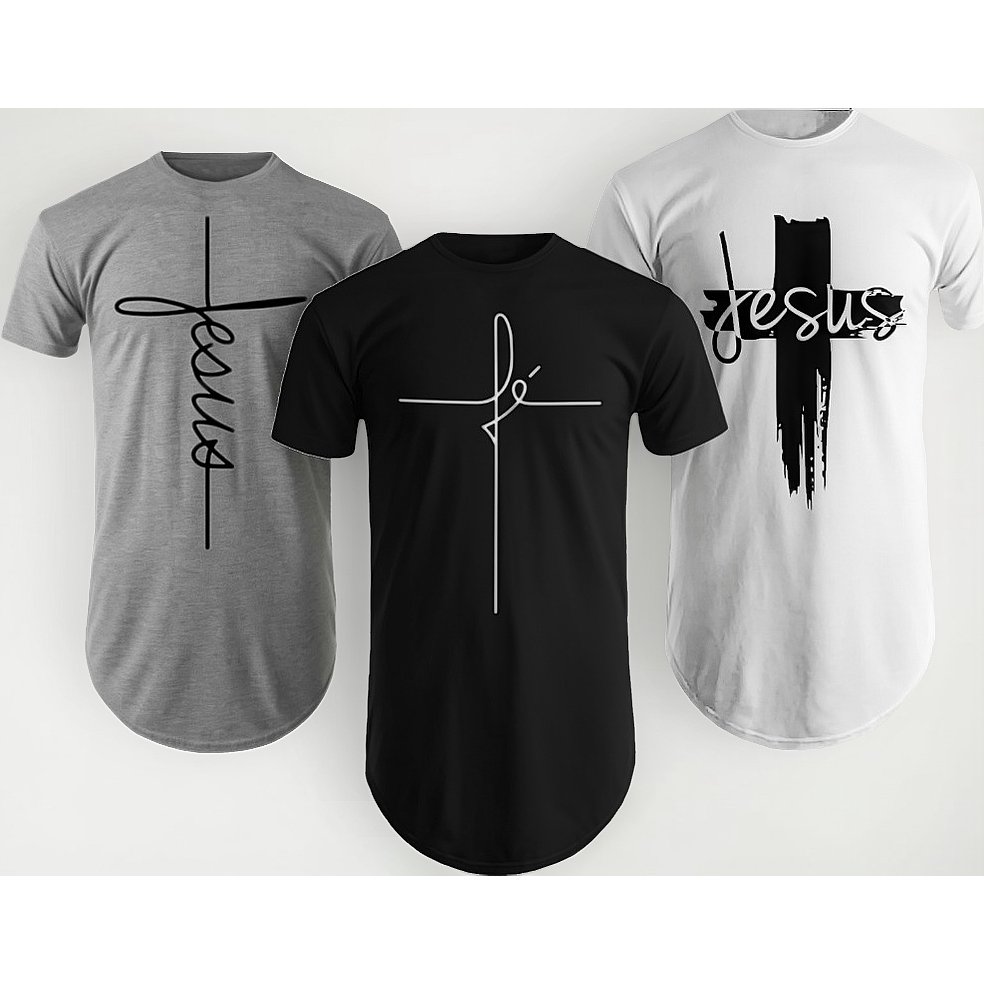 Kit c/3 Camiseta Masculina Estampada Gospel Longline oversized Algodão Básica Cristã Evangélica