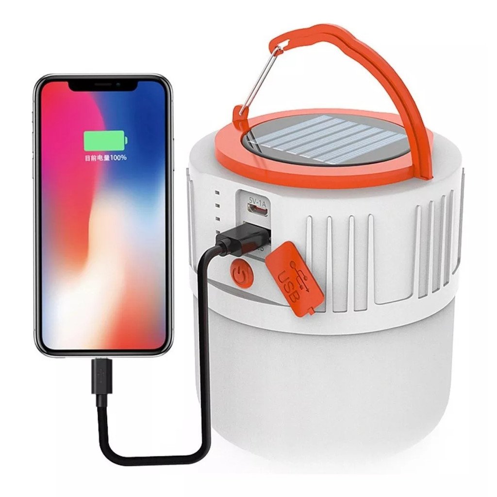 Lanterna lâmpada recarregável com painel solar  USB e powerbank para camping