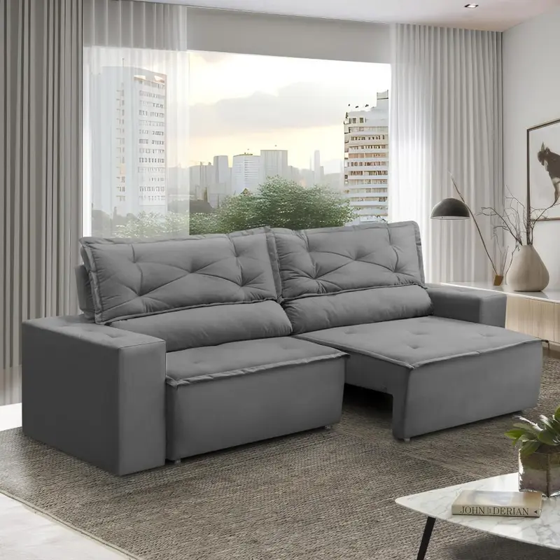 Sofá Retrátil e Reclinável 2 lugares com Molas 1,50m Livia Suede Cinza Adonai Estofados