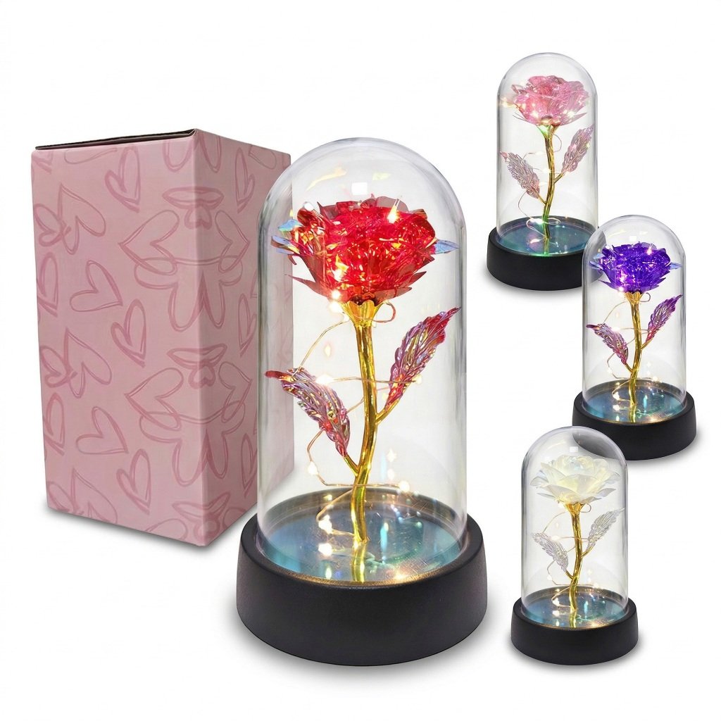 Presente Rosa Encantada com Iluminação LED – Rosa Eterna em Terrário, Presente Perfeito para o Dia das Mães